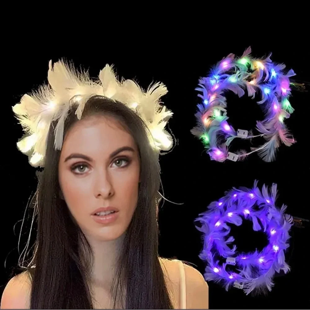 LED Goddess Headband - Light Up Mardi Gras Feather Headpiece, NYE Accessories